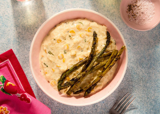 Corn Risotto with Balsamic Roasted Asparagus