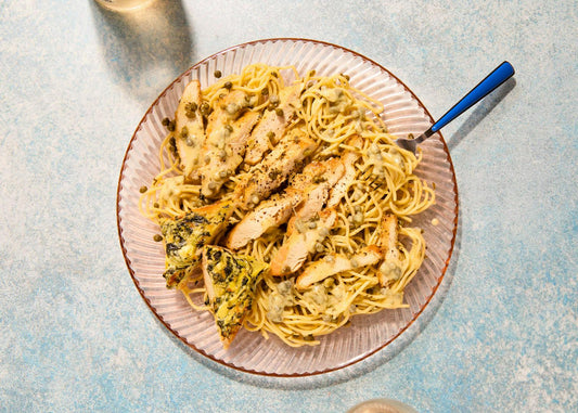 Creamy Chicken Piccata & Pasta with Spinach-Artichoke Garlic Bread